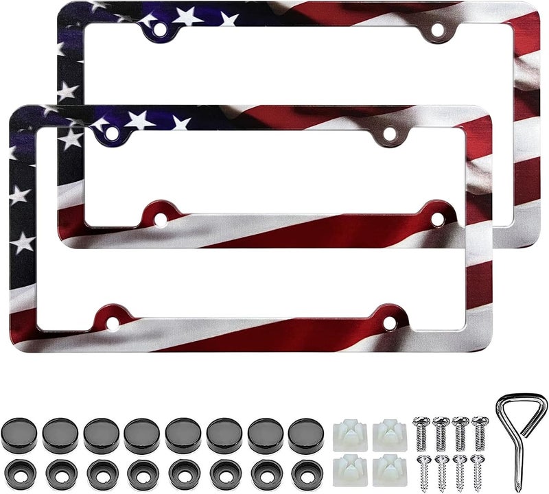 LIN KANG American Flag License Plate Frame Holder - 2 Pack Patriotic Universal Aluminum Matte Stripe US Flag Gloss Car Plate Frame Covers with 4 Holes and Screws Fasteners Caps - Image 1